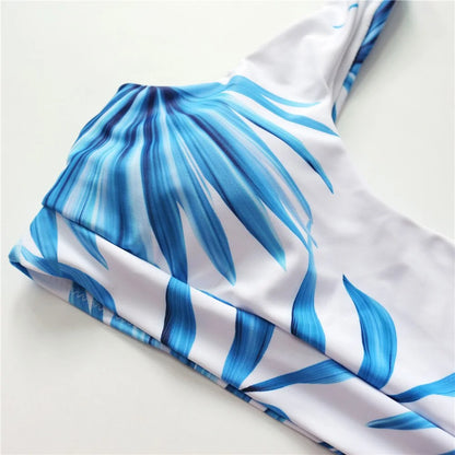 Tropical Palm Leaf High-Waisted Bikinis: Sexy White Round Neck Swimwear for Women