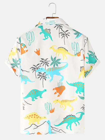 Casual Short Sleeve Shirts with Cartoon Dinosaur Animal Print