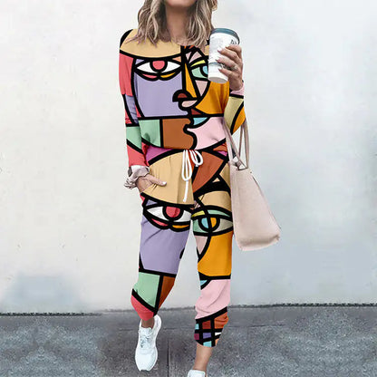 Abstract Blouse, Top, Trousers with Elastic Waistband, Casual Streetwear