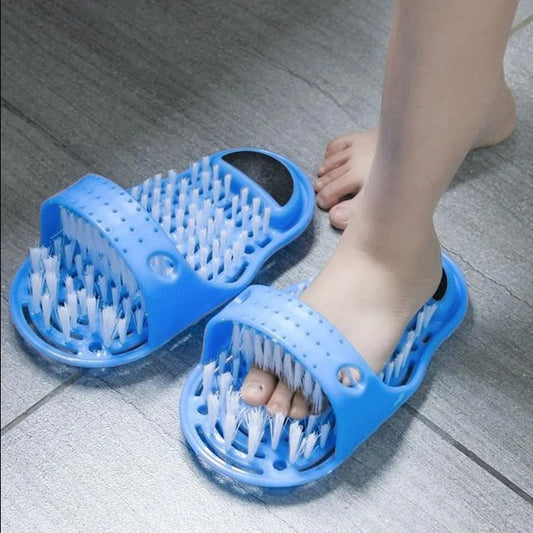 A homemade foot cleaning brush in the bathroom and slippers