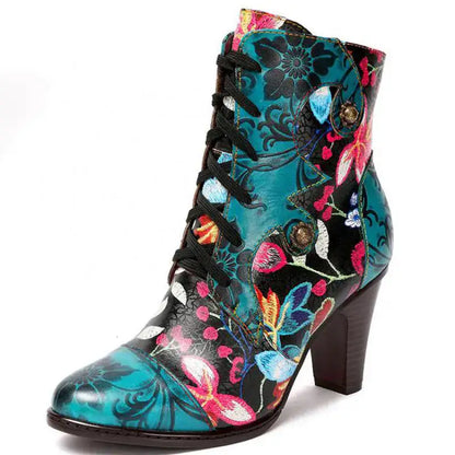 Women's leather booties with a bright floral pattern