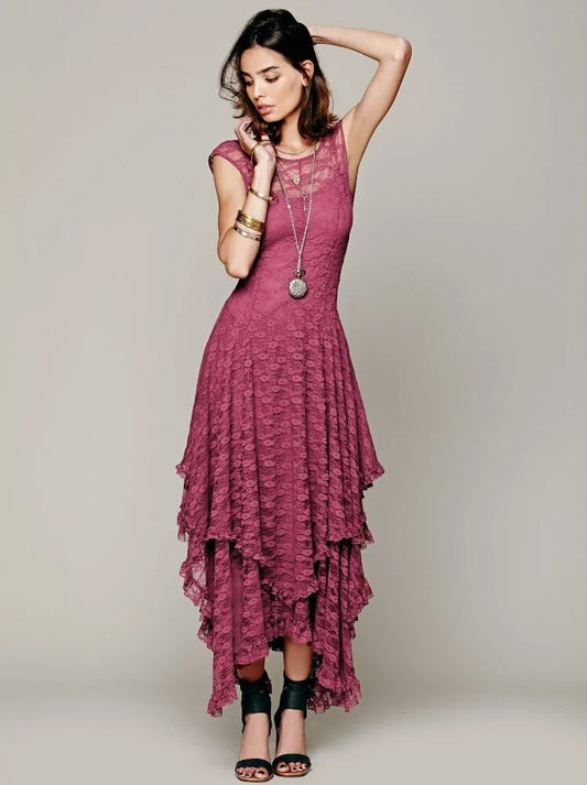 Asymmetric Hem Lace Dress