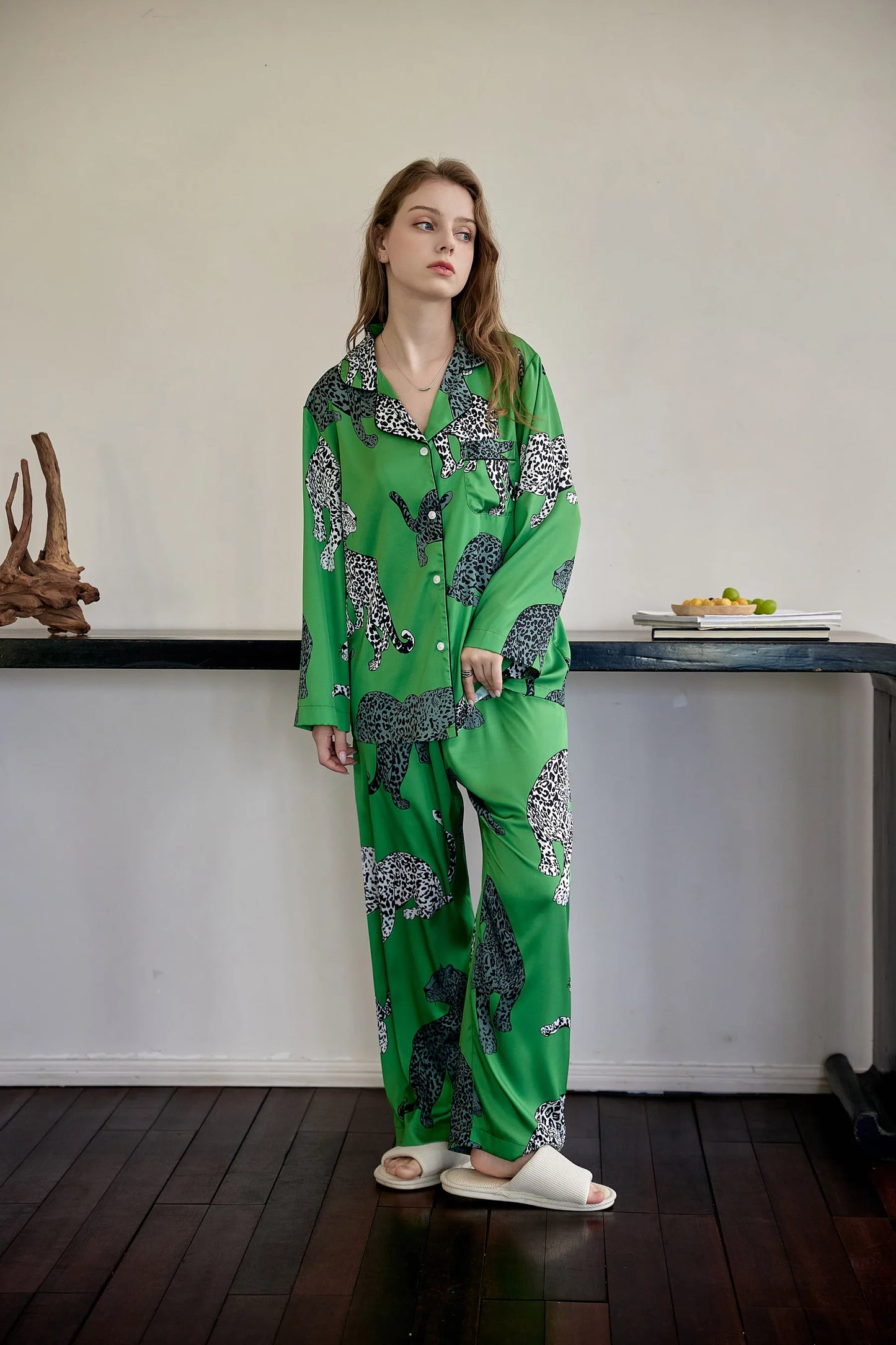 Green women's silk Pajamas with leopard Print