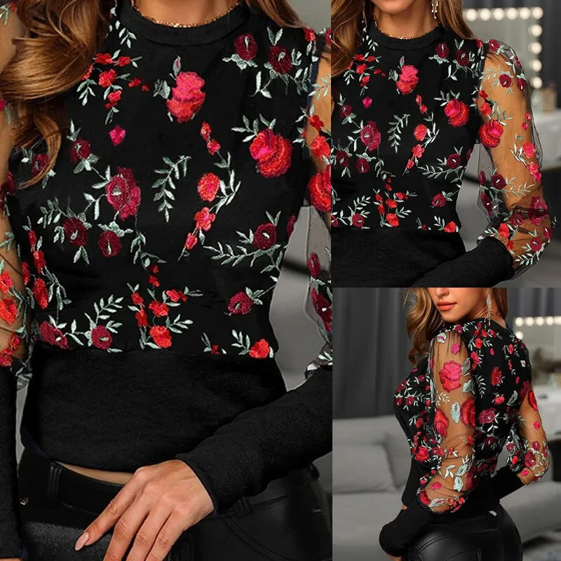 Women's patchwork long sleeve blouse made of mesh, embroidered with flowers