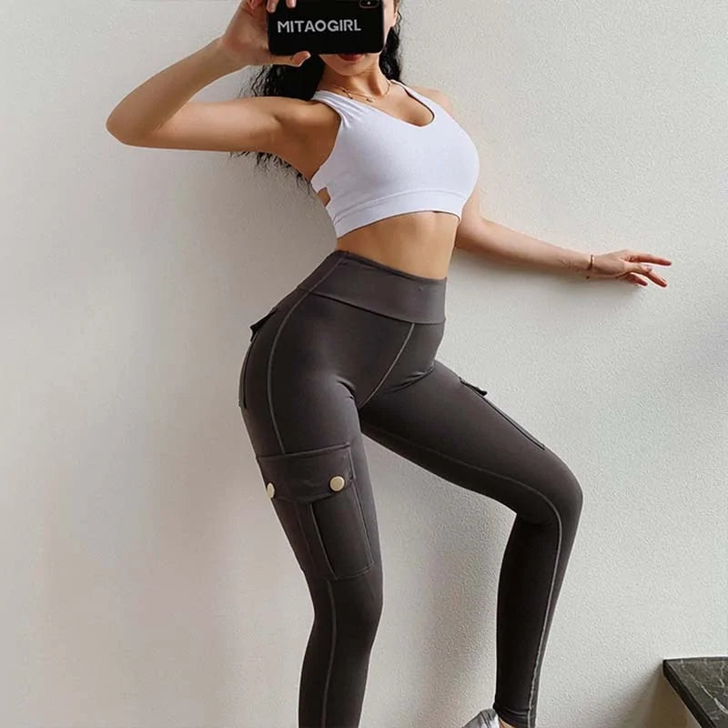 Women's Polyester Fitness Leggings with Pockets and High Waist