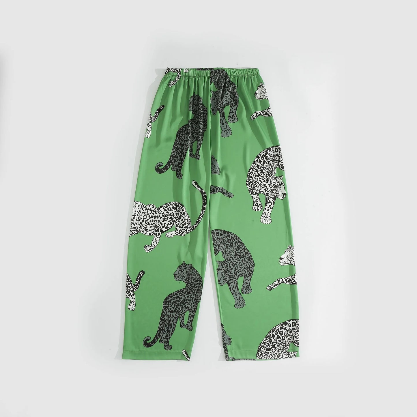 Green women's silk Pajamas with leopard Print