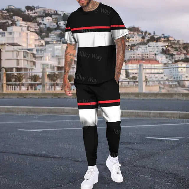 Men's summer tracksuit with striped print, T-shirt and trousers included