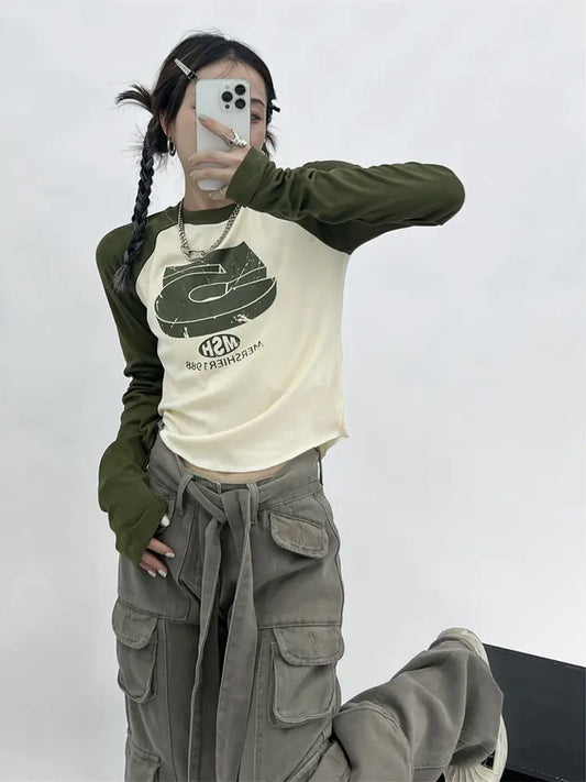 Retro Chic: Green Patchwork HOUZHOU Vintage Y2K Patchwork T-shirts