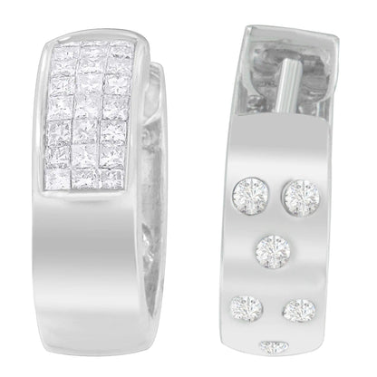 Huggie Earrings in 14 Carat white gold weighing 1 1/8 carat with round cut diamonds and a princess (H-I, VS1-VS2)