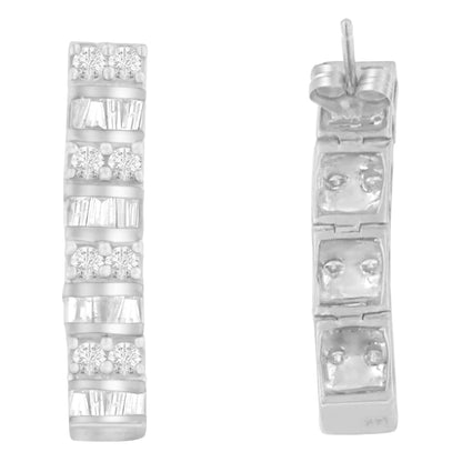 Diamond earrings with round shape and baguette cut in 14 Carat White Gold weighing 1 1/3 carat (H-I, SI2-I1)