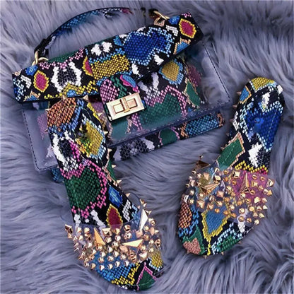 A set of shoes and handbags with a jelly snake print