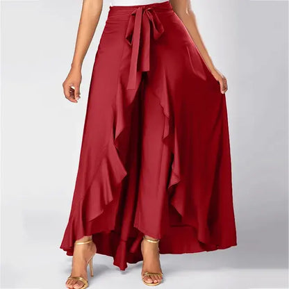 Women's trousers of solid color with elastic band with high waist, wide trousers
