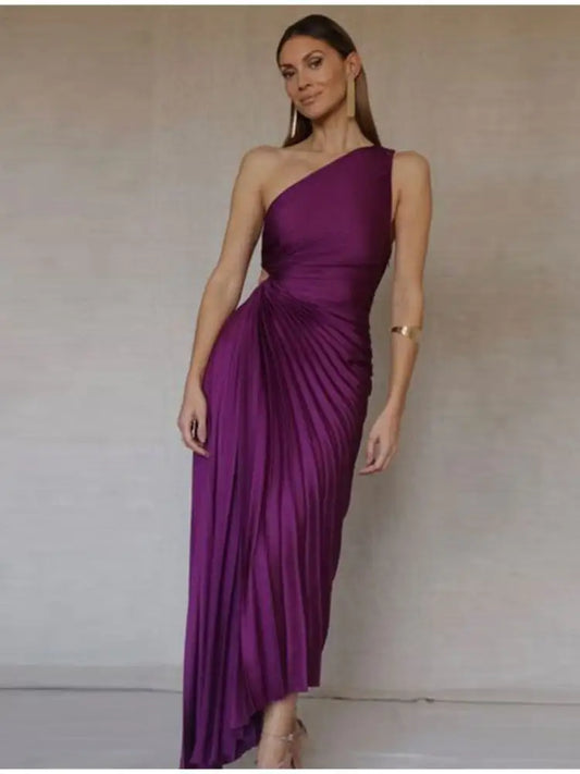 One-shoulder Pleated Maxi Dress