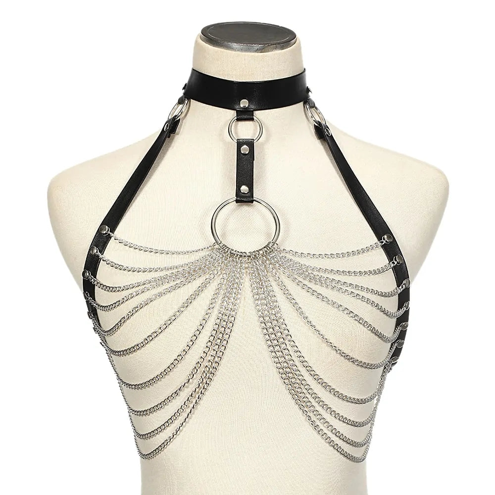 Goth Leather Body Harness Chain Bra