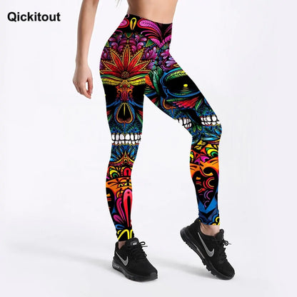 Quickitout Summer Women's Workout Leggings with a bright skull and leaf print, made in a colorful style