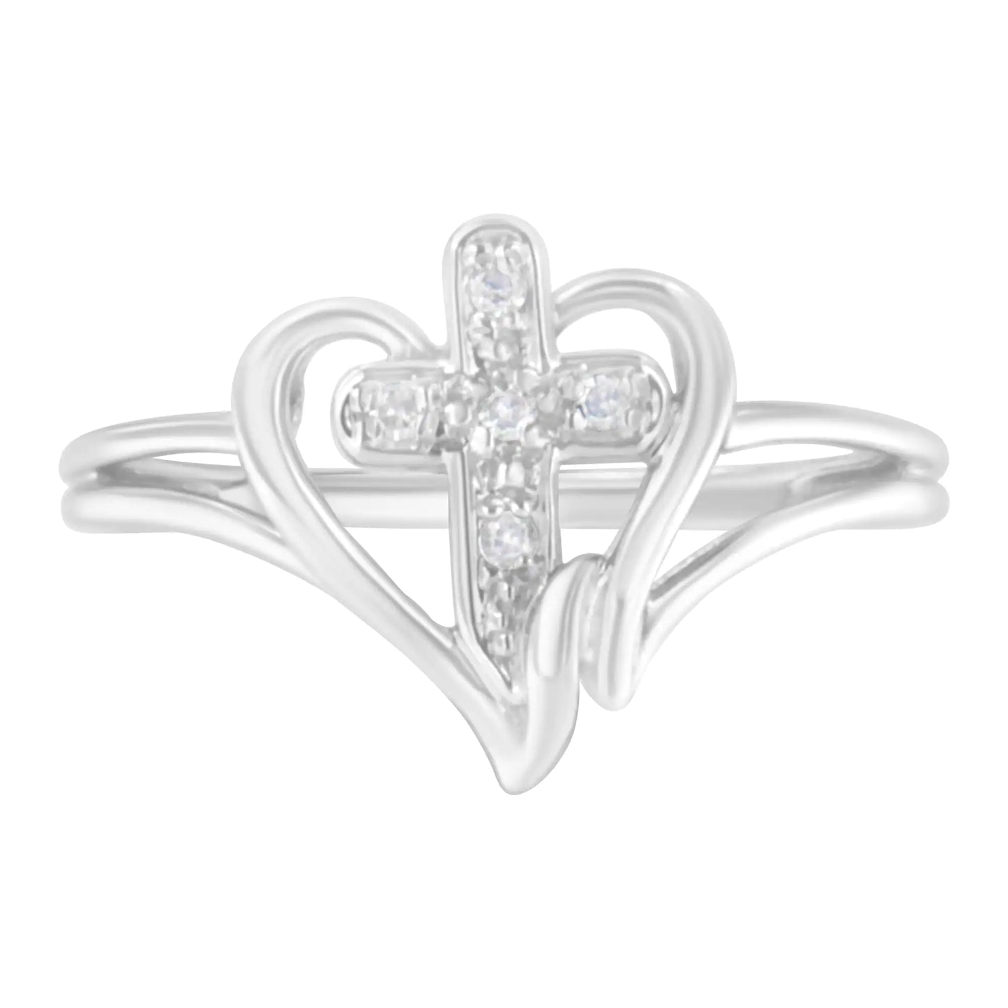 Fashionable Promise ring with a cross and an open heart in 10 Carat white gold, decorated with diamonds (color H-I, transparency I1-I2)