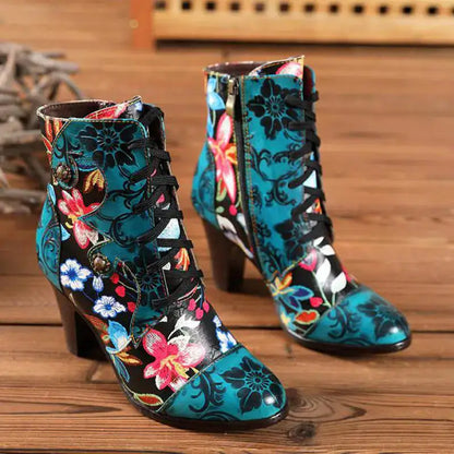 Women's leather booties with a bright floral pattern