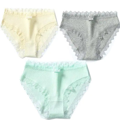 3 Pieces of Women's Cotton Panties with Lace Edge, Breathable