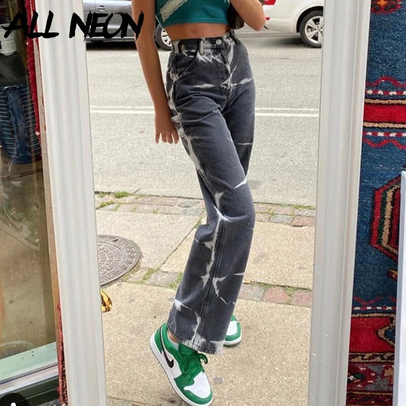 High-waisted Jeans ALLNeon Vintage Tie Dye: Brown Denim trousers Y2K Aesthetics