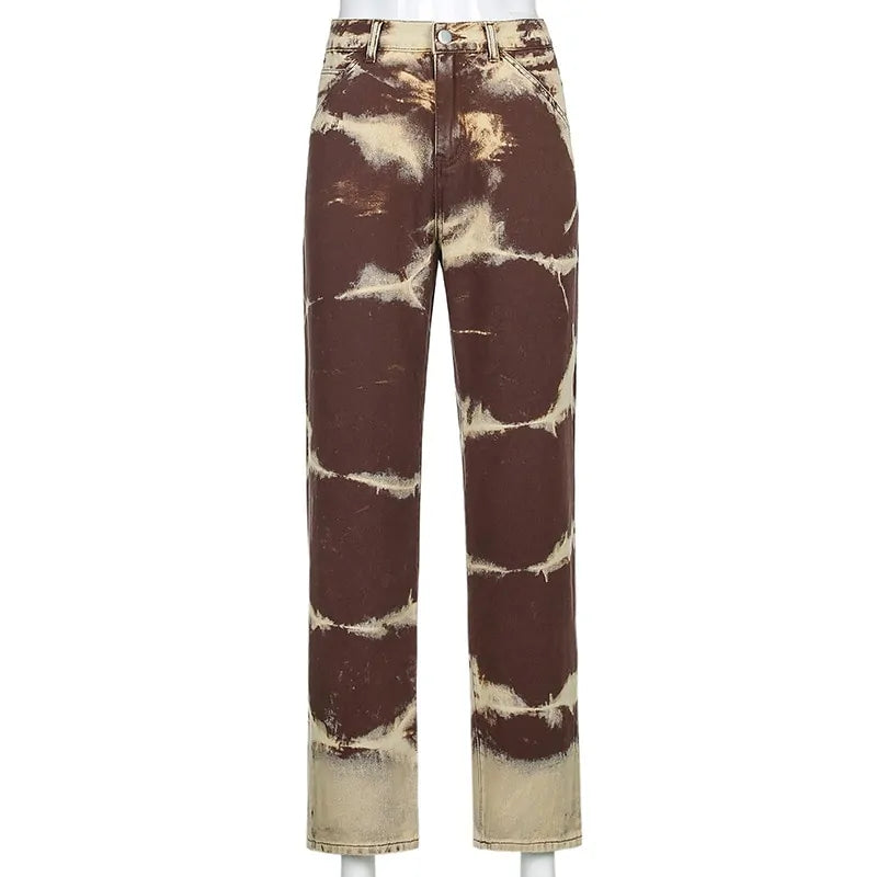 High-waisted Jeans ALLNeon Vintage Tie Dye: Brown Denim trousers Y2K Aesthetics