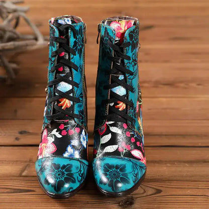 Women's leather booties with a bright floral pattern