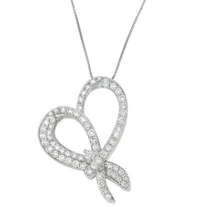 Necklace with heart and bow pendant in 10 Carat white gold and 1 carat round-cut diamond (G-H, SI1-SI2)