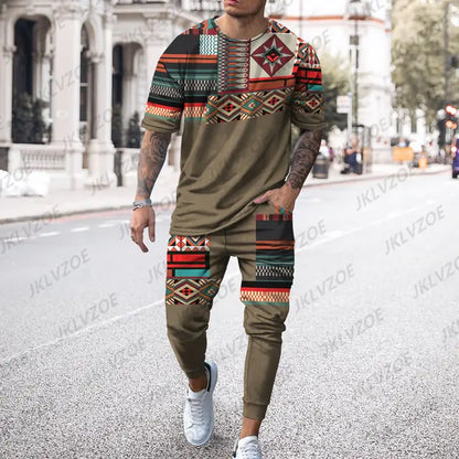 Men's summer tracksuit with striped print, T-shirt and trousers included