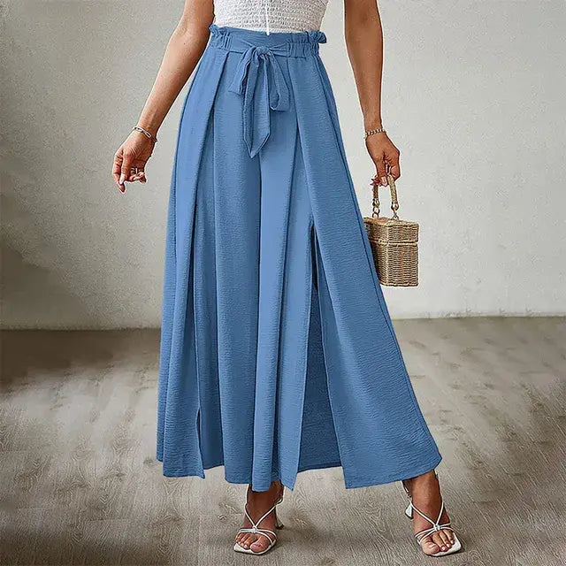 Women's trousers of solid color with elastic band with high waist, wide trousers