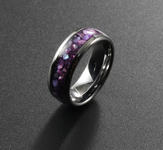 Tungsten ring with purple and white opal