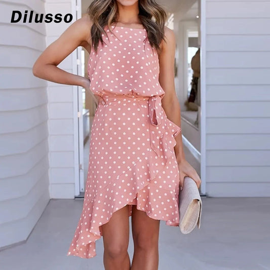 Summer Mini Dress with Slit and Polka Dot Ruffle