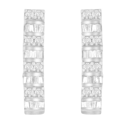 Diamond earrings with round shape and baguette cut in 14 Carat White Gold weighing 1 1/3 carat (H-I, SI2-I1)