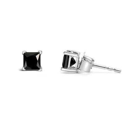Classic stud earrings with 4 prongs in 14 Carat white gold cut "Princess" and a processed black diamond - Pushback