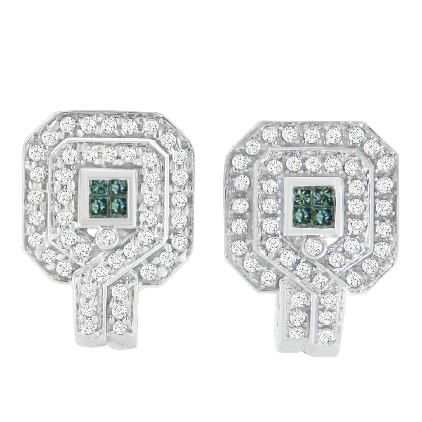 14 carat white gold, 1 carat. Earrings with blue diamonds of round shape and cut "Princess", processed by TDW (H-I,SI1-SI2)