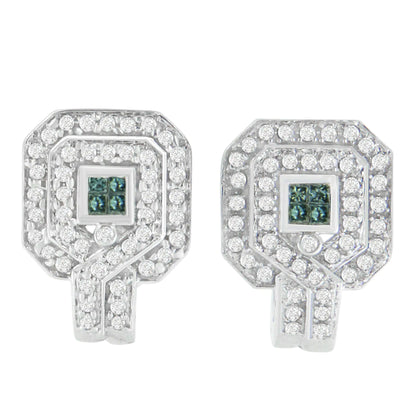 14 carat white gold, 1 carat. Earrings with blue diamonds of round shape and cut "Princess", processed by TDW (H-I,SI1-SI2)