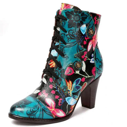 Women's leather booties with a bright floral pattern