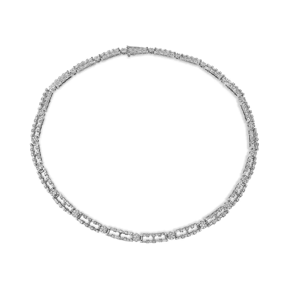 AGS certified 14 Carat White Gold, 8 1/2 Carat diamonds, alternating stripes and floral chains, 18-inch choker necklace (color G-H, transparency SI2-I1)