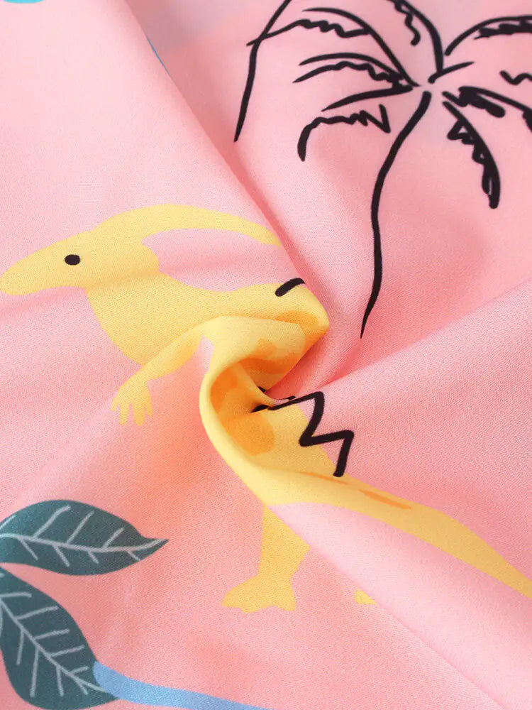 Casual Short Sleeve Shirts with Cartoon Dinosaur Animal Print