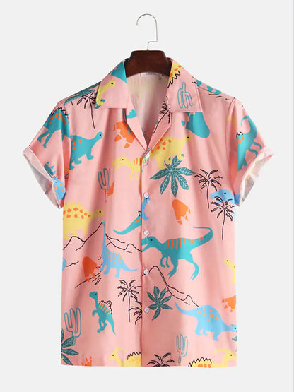 Casual Short Sleeve Shirts with Cartoon Dinosaur Animal Print