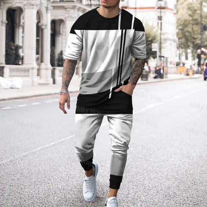 Men's summer tracksuit with striped print, T-shirt and trousers included