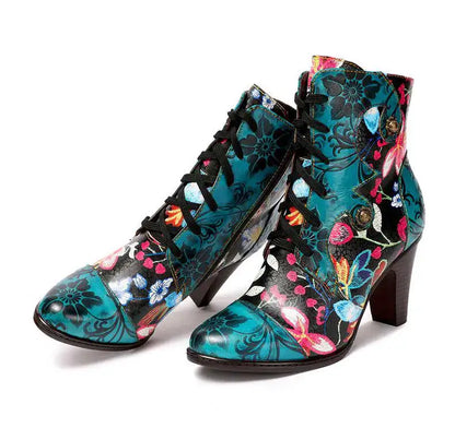 Women's leather booties with a bright floral pattern