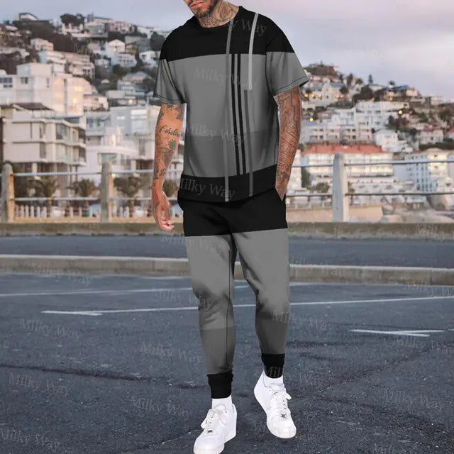 Men's summer tracksuit with striped print, T-shirt and trousers included