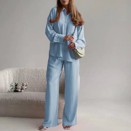Loose Long Sleeve Shirt And High-Waisted Trousers