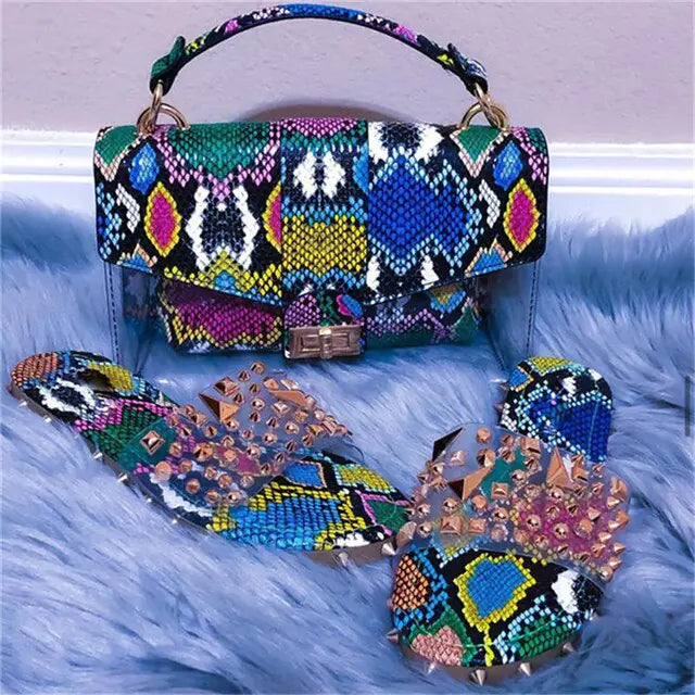 A set of shoes and handbags with a jelly snake print