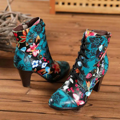 Women's leather booties with a bright floral pattern