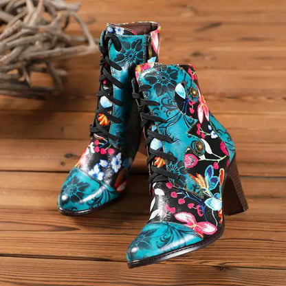 Women's leather booties with a bright floral pattern