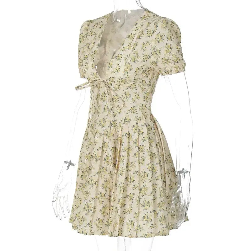 Vintage Mini Pleated Lace-up Bandage Dress with V-neck