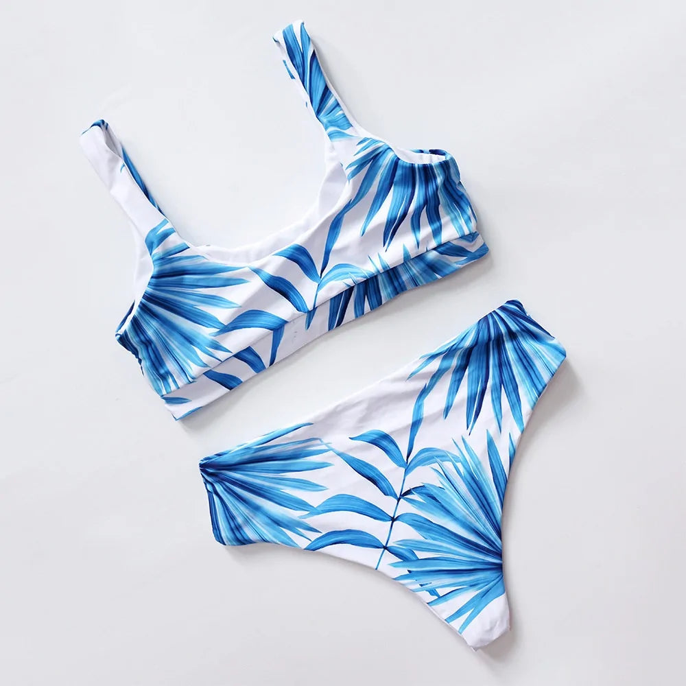 Tropical Palm Leaf High-Waisted Bikinis: Sexy White Round Neck Swimwear for Women