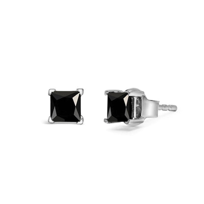 Classic stud earrings with 4 prongs in 14 Carat white gold cut "Princess" and a processed black diamond - Pushback