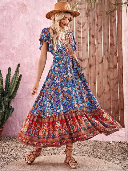 Bohemian Beach Maxi Dress with Floral Pattern
