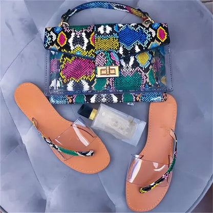 A set of shoes and handbags with a jelly snake print